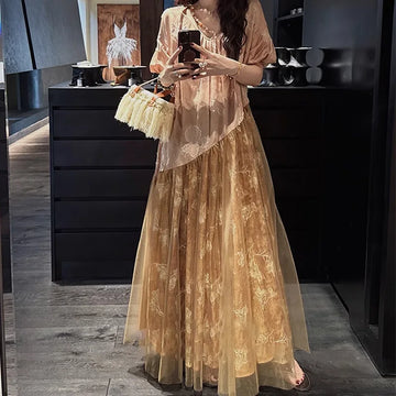 Xajzpa Fashion Lace Mesh Dress Women's V Neck Short Sleeve High Waisted Patchwork Dresses 2025 Summer New Tide